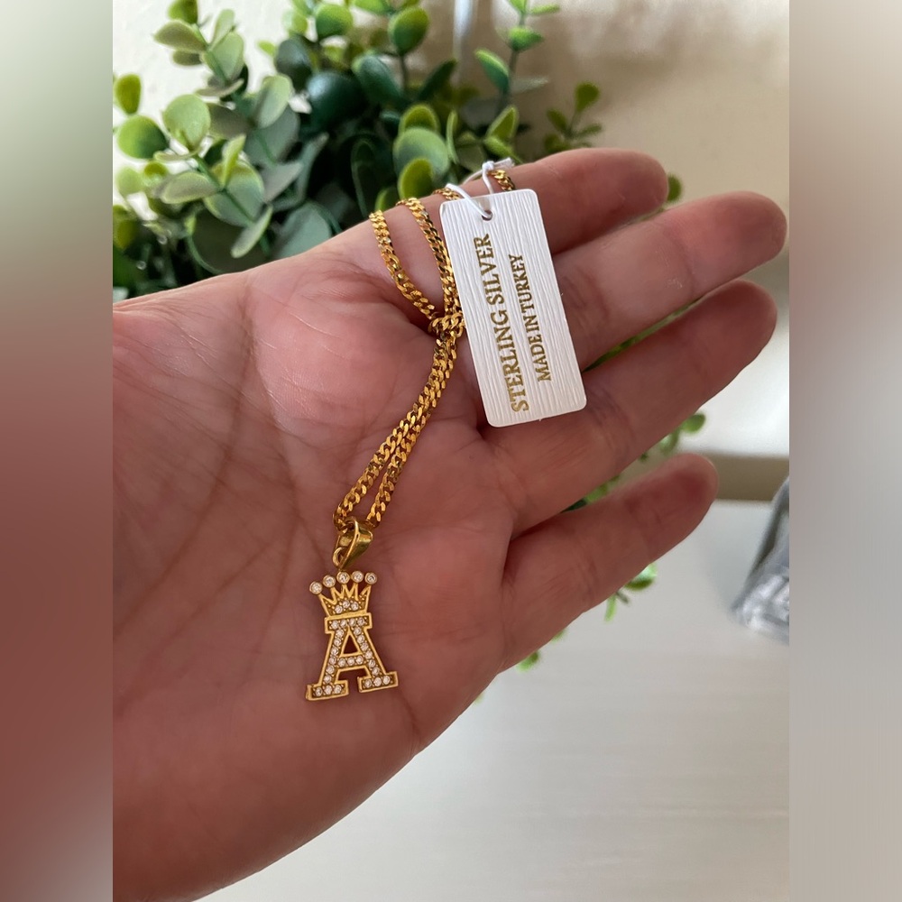 Brand New Beautiful Gold over Sterling Silver Letter A crown Pendant Necklace